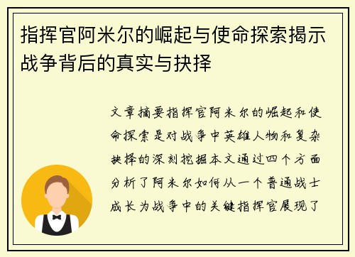 指挥官阿米尔的崛起与使命探索揭示战争背后的真实与抉择