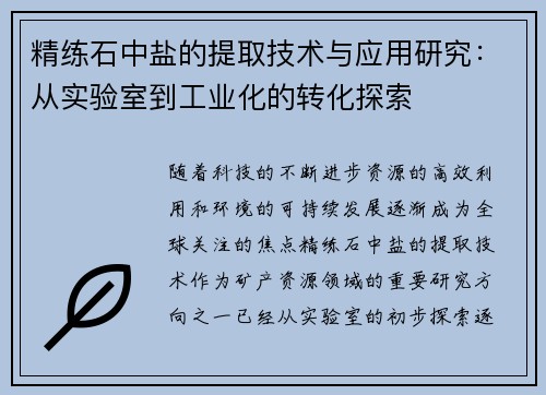 精练石中盐的提取技术与应用研究：从实验室到工业化的转化探索