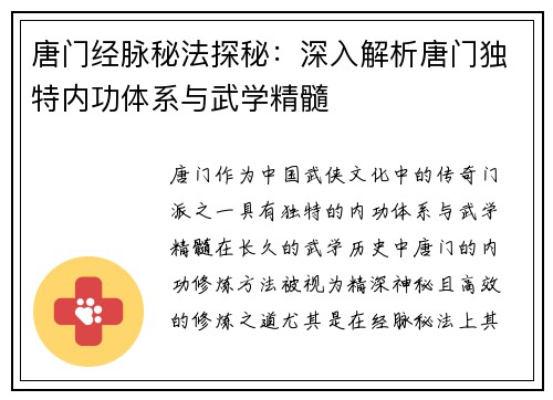 唐门经脉秘法探秘：深入解析唐门独特内功体系与武学精髓